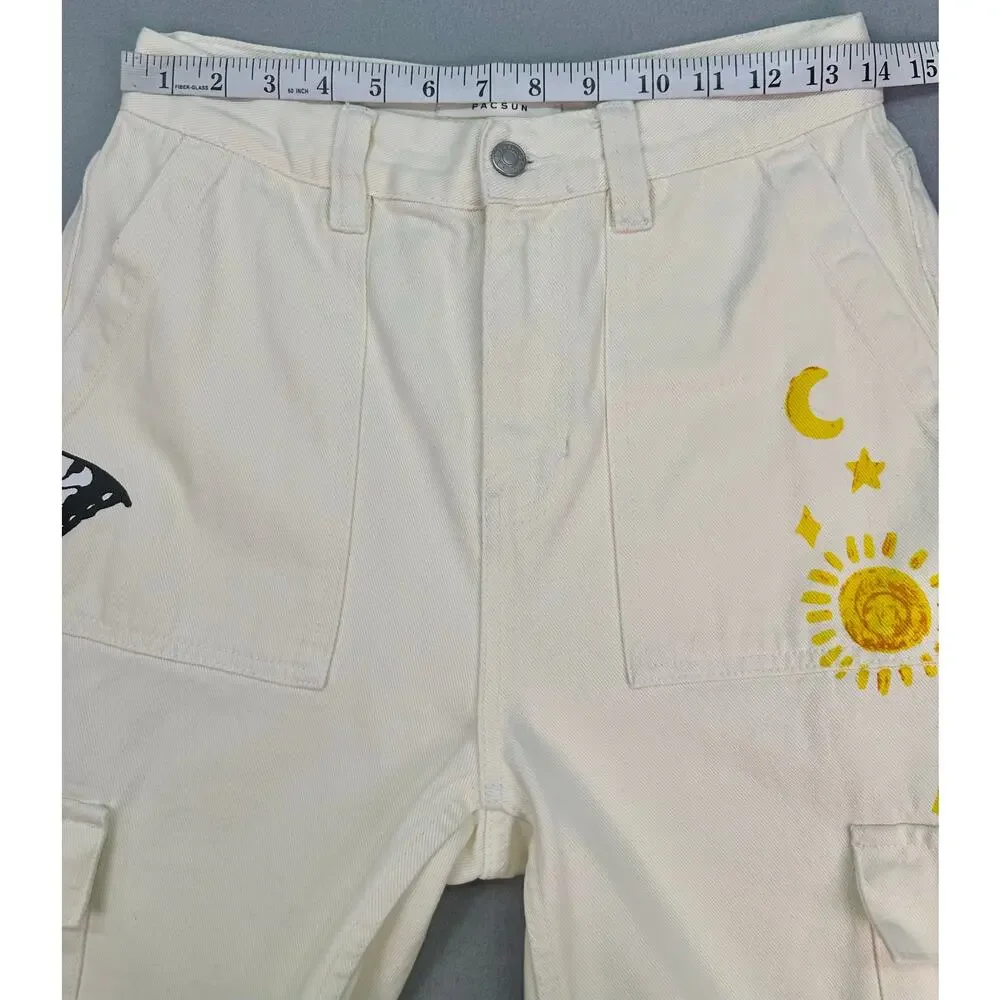PacSun Sketchbook High Rise Carpenter Cargo Jeans Cream Graphic Doodle Size 27 - Picture 10 of 12
